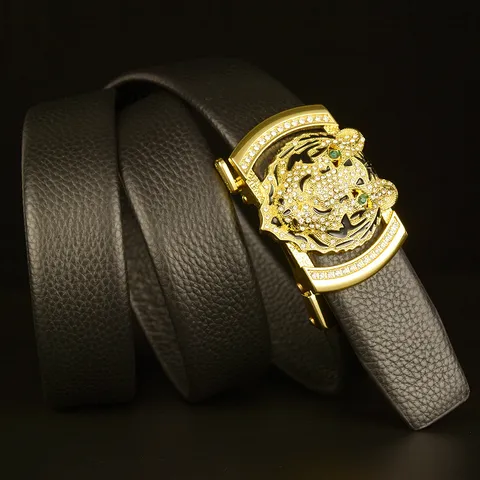 Men's Top Layer Cowhide Leather Belt Automatic Buckle Rhinestone Tiger Head Casual Business Pants Belt