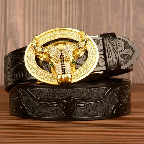 Men Genuine Leather Automatic Buckle Belt Luxury Carved Bull Head Rhinestone Design Casual Denim Trousers Belt