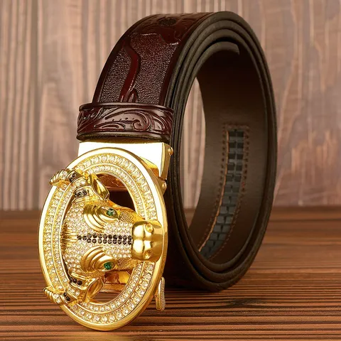 Men Genuine Leather Automatic Buckle Belt Luxury Carved Bull Head Rhinestone Design Casual Denim Trousers Belt