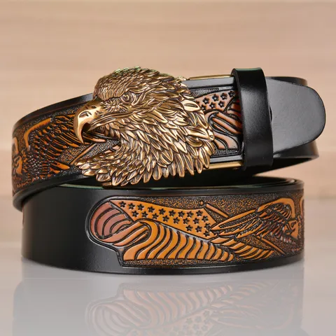 Men's Vintage Cowhide Leather Belt Retro Eagle Embossed Automatic Buckle Casual Pants Belt For Men Fashion Accessories