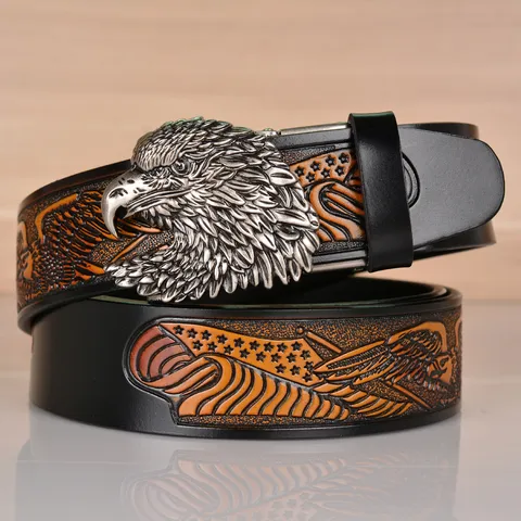 Men's Vintage Cowhide Leather Belt Retro Eagle Embossed Automatic Buckle Casual Pants Belt For Men Fashion Accessories