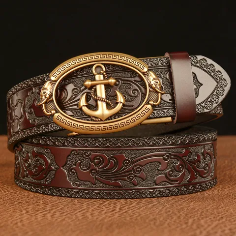 Men's Vintage Cowhide Leather Automatic Buckle Belt Casual Anchor Embossed Scrollwork Pattern Waist Belt For Men