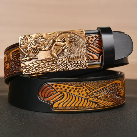 Men's Genuine Cowhide Leather Belt Vintage Eagle Relief Automatic Buckle Jeans Belt Casual Business Waist Band
