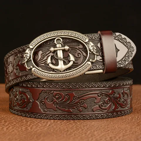 Men's Vintage Cowhide Leather Automatic Buckle Belt Casual Anchor Embossed Scrollwork Pattern Waist Belt For Men