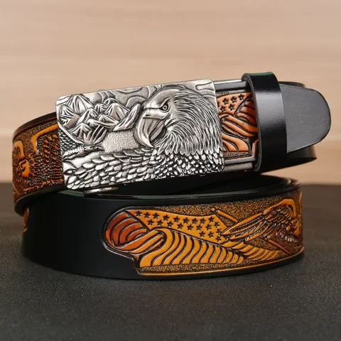 Men's Genuine Cowhide Leather Belt Vintage Eagle Relief Automatic Buckle Jeans Belt Casual Business Waist Band