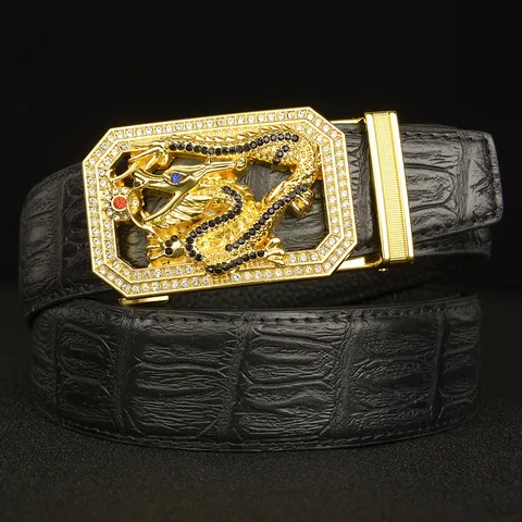 Men's Automatic Buckle Belt Genuine First Layer Cowhide Leather Crocodile Pattern Rhinestone Dragon Business Casual Belt