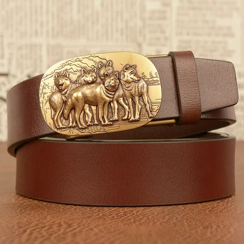 Men's Business Casual Leather Belt Automatic Ratchet Buckle Wolf Head Embossed Genuine Cowhide Waistband For Men Jeans Pants