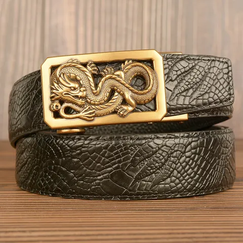 Men's Retro Automatic Buckle Leather Belt Featuring Crocodile Pattern And Metal Dragon Head Buckle For Business And Casual Wear