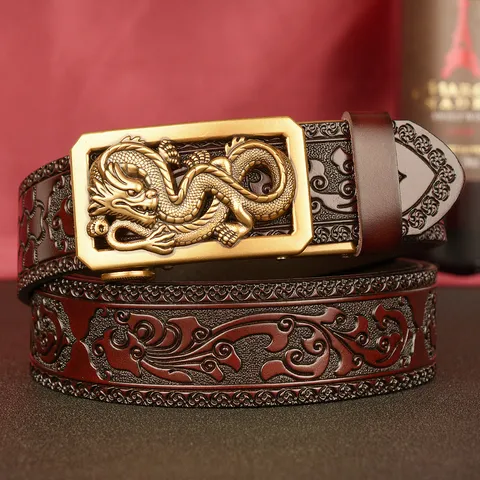 Men's Genuine Leather Automatic Buckle Belt Vintage Dragon Embossed Business Casual Belt