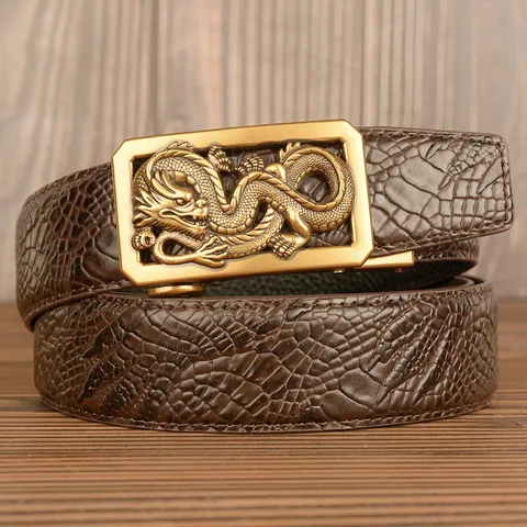 Men's Retro Automatic Buckle Leather Belt Featuring Crocodile Pattern And Metal Dragon Head Buckle For Business And Casual Wear