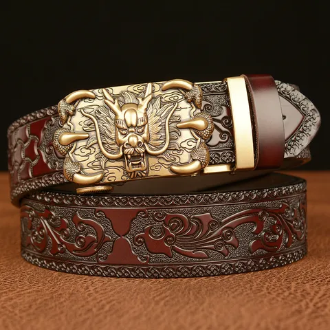 Men's Retro Genuine Leather Automatic Buckle Belt Dragon Claw Alloy Buckle Embossed Casual Trousers Belt