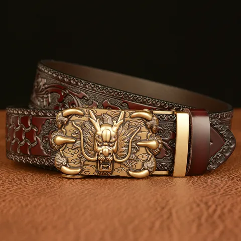 Men's Retro Genuine Leather Automatic Buckle Belt Dragon Claw Alloy Buckle Embossed Casual Trousers Belt