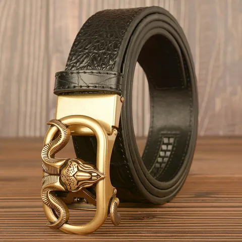 Men's Casual Leather Belt Automatic Buckle Crocodile Pattern Cowhide Belt Metal Ram Head Buckle Fashion Waist Accessories