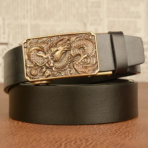 Men's Automatic Buckle Leather Belt Vintage Dragon Embossed Cowhide Casual Jeans Belt Metal Buckle Waist Strap