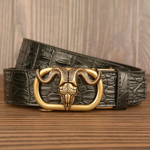 Men's Casual Leather Belt Automatic Buckle Crocodile Pattern Cowhide Belt Metal Ram Head Buckle Fashion Waist Accessories