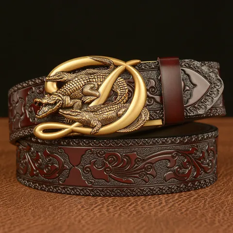 Men's Vintage Cowhide Leather Belt Automatic Buckle Carved Crocodile Pattern Casual Fashion Jeans Belt For Men