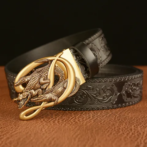 Men's Vintage Cowhide Leather Belt Automatic Buckle Carved Crocodile Pattern Casual Fashion Jeans Belt For Men