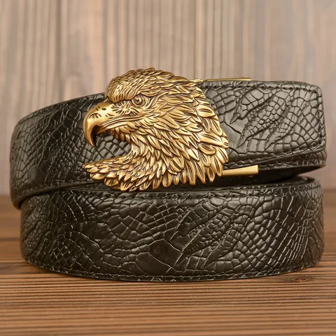 Men Vintage Top Layer Cowhide Leather Belt Automatic Buckle Eagle Head Embossed Snake Pattern Casual Jeans Belt