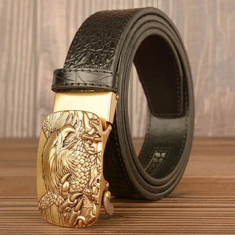 Men's Automatic Buckle Leather Belt Vintage Crocodile Pattern Cowhide Belt With Eagle Claw Metal Buckle Casual Waist Belt