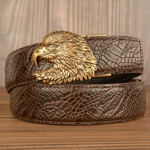 Men Vintage Top Layer Cowhide Leather Belt Automatic Buckle Eagle Head Embossed Snake Pattern Casual Jeans Belt