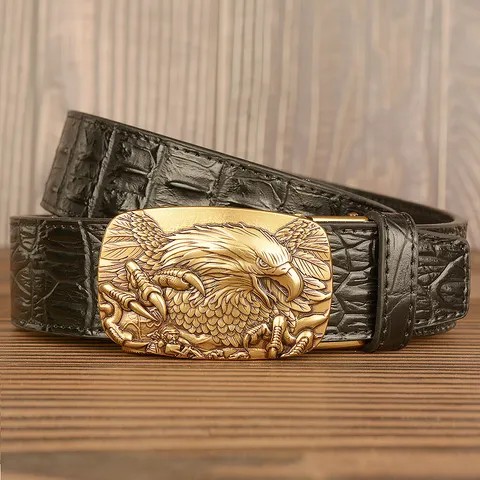 Men's Automatic Buckle Leather Belt Vintage Crocodile Pattern Cowhide Belt With Eagle Claw Metal Buckle Casual Waist Belt