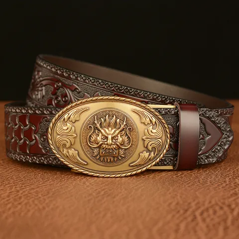 Men's Leather Belt Vintage Automatic Buckle Cowhide Waist Belt Dragon Embossed Casual Fashion Dress Pants Belt For Men