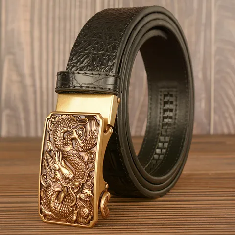Men Cowhide Leather Belt Crocodile Pattern Automatic Buckle Chinese Dragon Metal Buckle Fashion Casual Pants Belt
