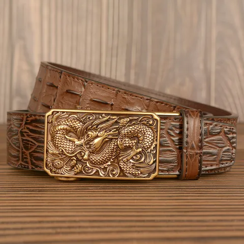 Men Cowhide Leather Belt Crocodile Pattern Automatic Buckle Chinese Dragon Metal Buckle Fashion Casual Pants Belt