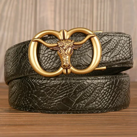 Men's Vintage Automatic Buckle Leather Belt Top Layer Cowhide Crocodile Snake Pattern Bull Head Metal Buckle For Men