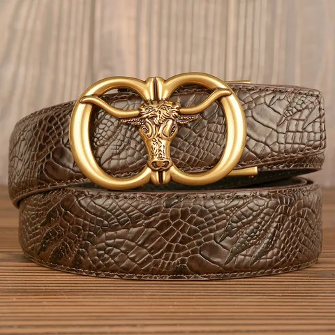 Men's Vintage Automatic Buckle Leather Belt Top Layer Cowhide Crocodile Snake Pattern Bull Head Metal Buckle For Men