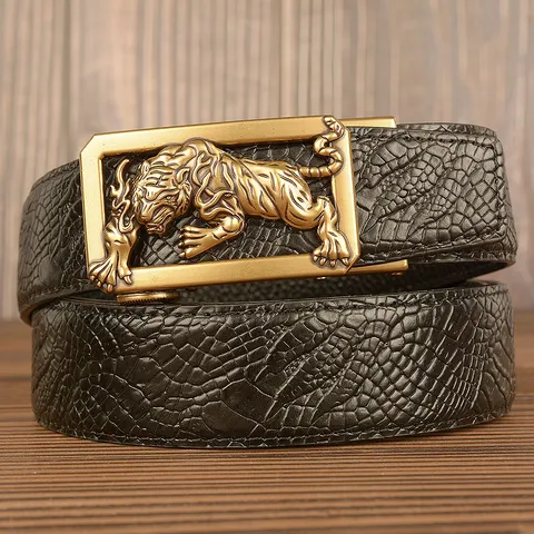 Men Genuine Leather Belt Retro Automatic Buckle Tiger Metal Head Crocodile Pattern Business Casual Pants Waist Belt