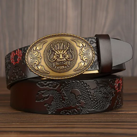 Men's Retro Cowhide Automatic Buckle Belt Embossed Dragon Pattern Business Casual Leather Belt For Men