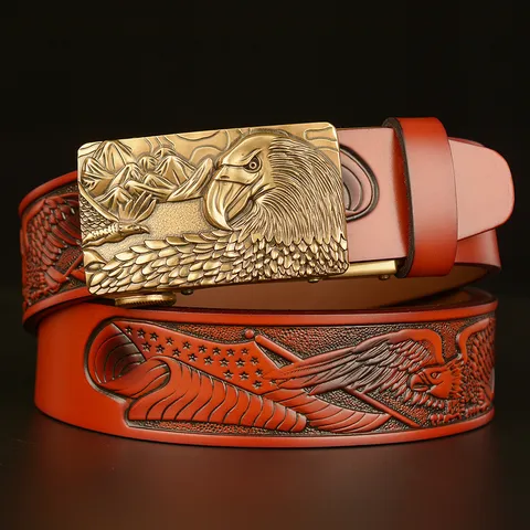 Men's Vintage Genuine Cowhide Leather Belt Automatic Metal Eagle Head Buckle Casual Jeans Belt