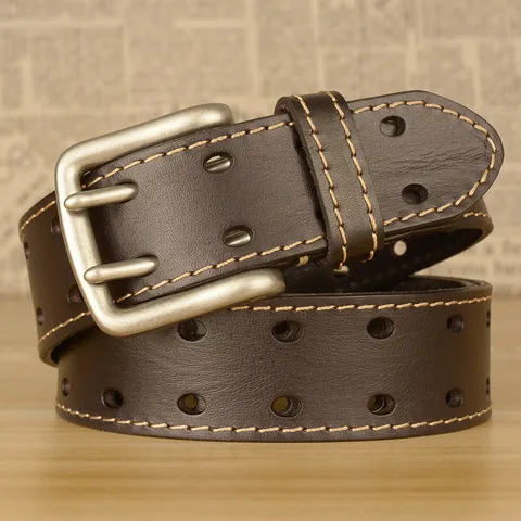 Cintura in Vera Pelle Casual da Uomo Vintage Doppia Fibbia ad Ardiglione in Pelle Bovina Con Cuciture e Design Traforato Per Jeans