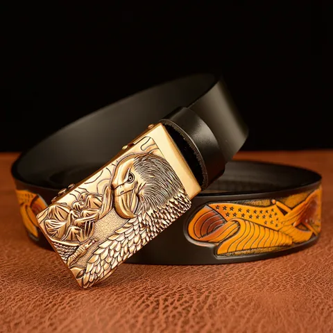 Men's Vintage Genuine Cowhide Leather Belt Automatic Metal Eagle Head Buckle Casual Jeans Belt