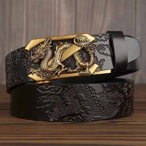 Men's Ethnic Style Genuine Cowhide Leather Belt Vintage 3D Dragon Carved Automatic Buckle Casual Pants Belt