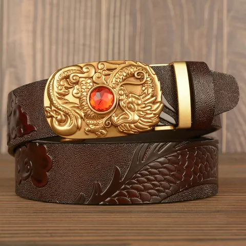 Men's Automatic Buckle Cowhide Leather Belt Ethnic Dragon Carved Embossed Business Casual Pants Belt