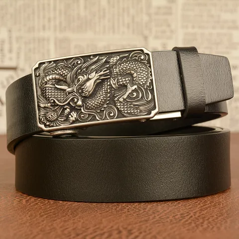 Men's Automatic Buckle Leather Belt Vintage Dragon Embossed Cowhide Casual Jeans Belt Metal Buckle Waist Strap