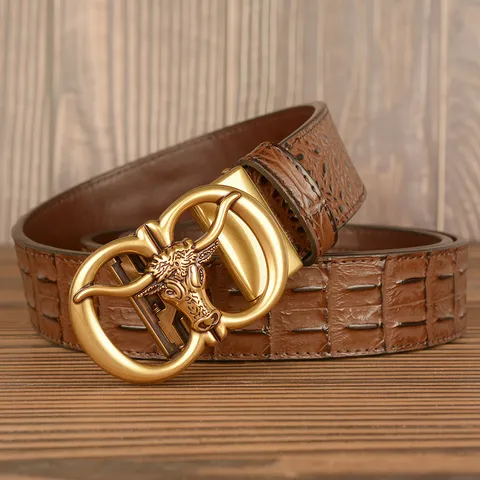 Men's Vintage Cowhide Leather Belt Automatic Bull Head Buckle Crocodile Pattern Casual Jeans Belt Metal Buckle