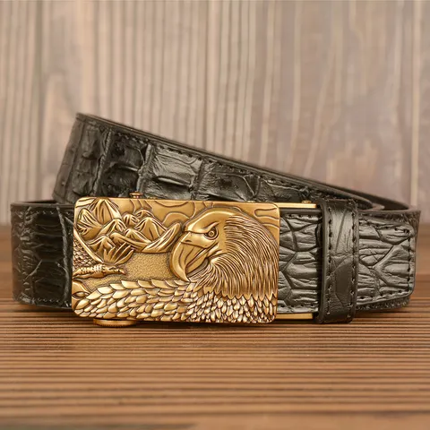 Men's Genuine Leather Automatic Buckle Belt Crocodile Pattern Retro Eagle Metal Buckle Casual Business Pants Belt