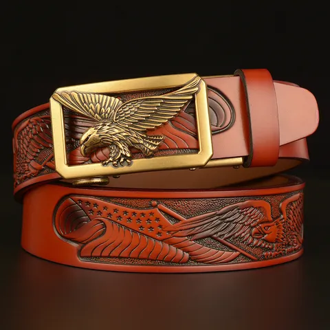 Men's Retro Genuine Leather Automatic Buckle Belt Embossed Eagle Pattern Metal Buckle Waist Strap For Casual Denim