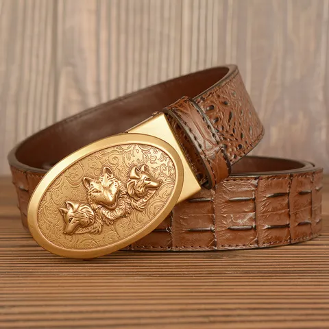 Men's Business Casual Leather Belt Automatic Metal Buckle Wolf Head Embossed Crocodile Pattern Waistband For Men