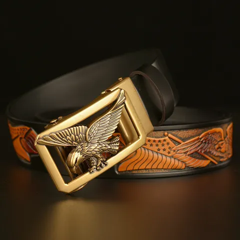 Men's Retro Genuine Leather Automatic Buckle Belt Embossed Eagle Pattern Metal Buckle Waist Strap For Casual Denim