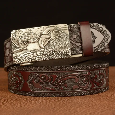Men Casual Leather Belt Automatic Buckle Vintage Scrollwork Pattern Business Belt Fashion Eagle Head Metal Buckle Belt