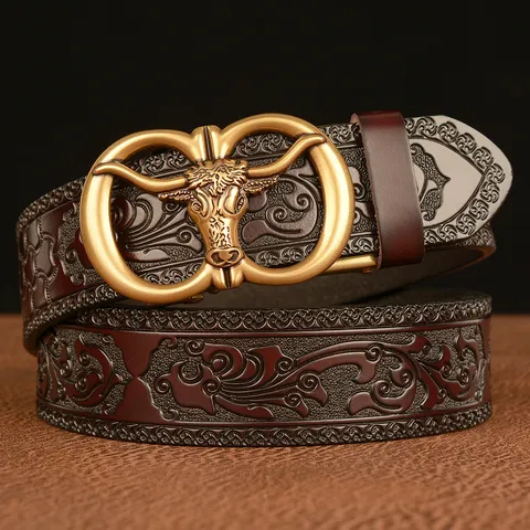 Men's Casual Genuine Leather Belt Vintage Embossed Scroll Pattern Automatic Buckle Belt Cowhead Metal Buckle Waist Band