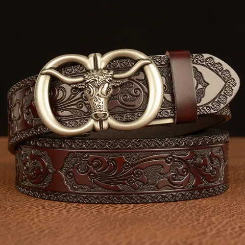 Men's Casual Genuine Leather Belt Vintage Embossed Scroll Pattern Automatic Buckle Belt Cowhead Metal Buckle Waist Band