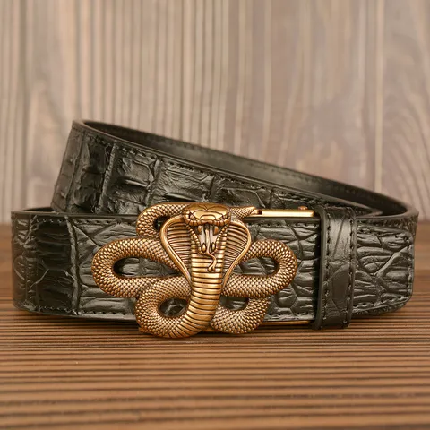 Men Genuine Cowhide Leather Belt Automatic Buckle Crocodile Pattern Snake Metal Buckle Business Casual Waist Belt