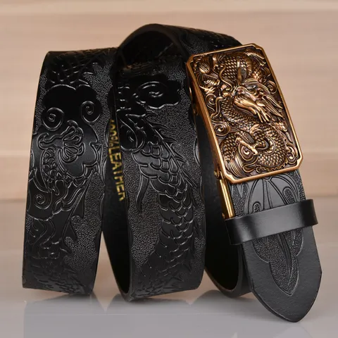 Men's Genuine Leather Automatic Buckle Belt Ethnic Style Dragon Embossed Business Casual Belt With Metal Buckle