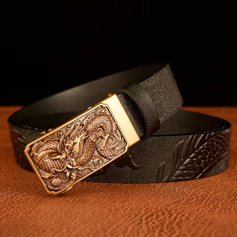 Men's Vintage Ethnic Style Dragon Embossed Cowhide Leather Automatic Buckle Belt Metal Buckle Casual Denim Pants Waist Belt