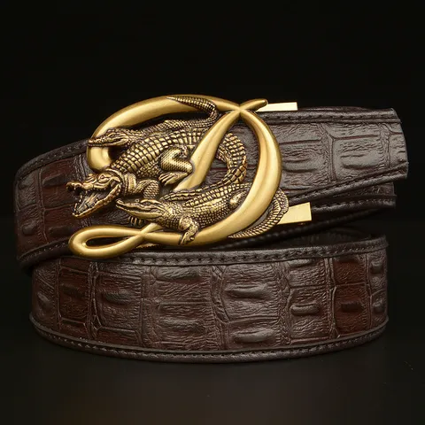 Men's Business Casual Leather Belt Automatic Buckle Crocodile Pattern Cowhide Waistband Metal Buckle